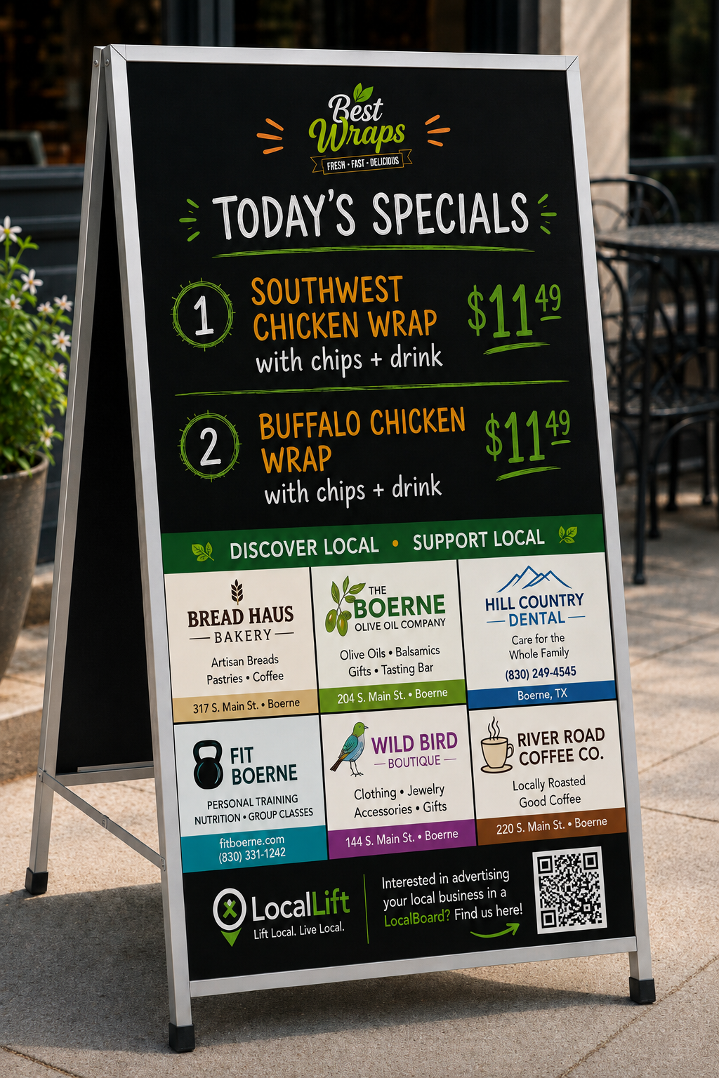 Specials board with the restaurant logo on top and six local business ads along the bottom